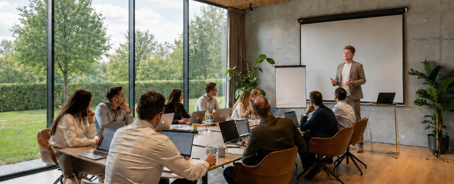 Teilnehmer eines KI-Workshops arbeiten gemeinsam an Laptops